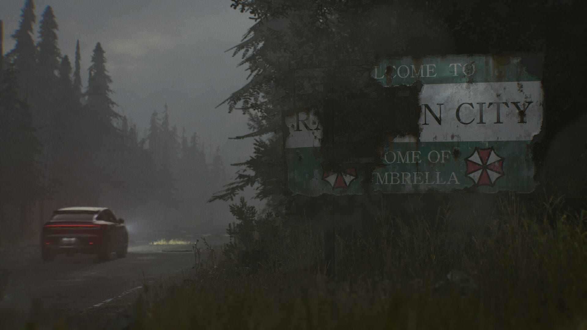 A screenshot from Resident Evil Requiem, showing a car driving into the ruins of Raccoon City.