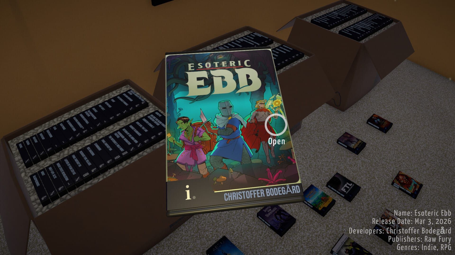 A player examines their copy of Esoteric Ebb in the demo for BOXROOM, a game about organizing your Steam library.