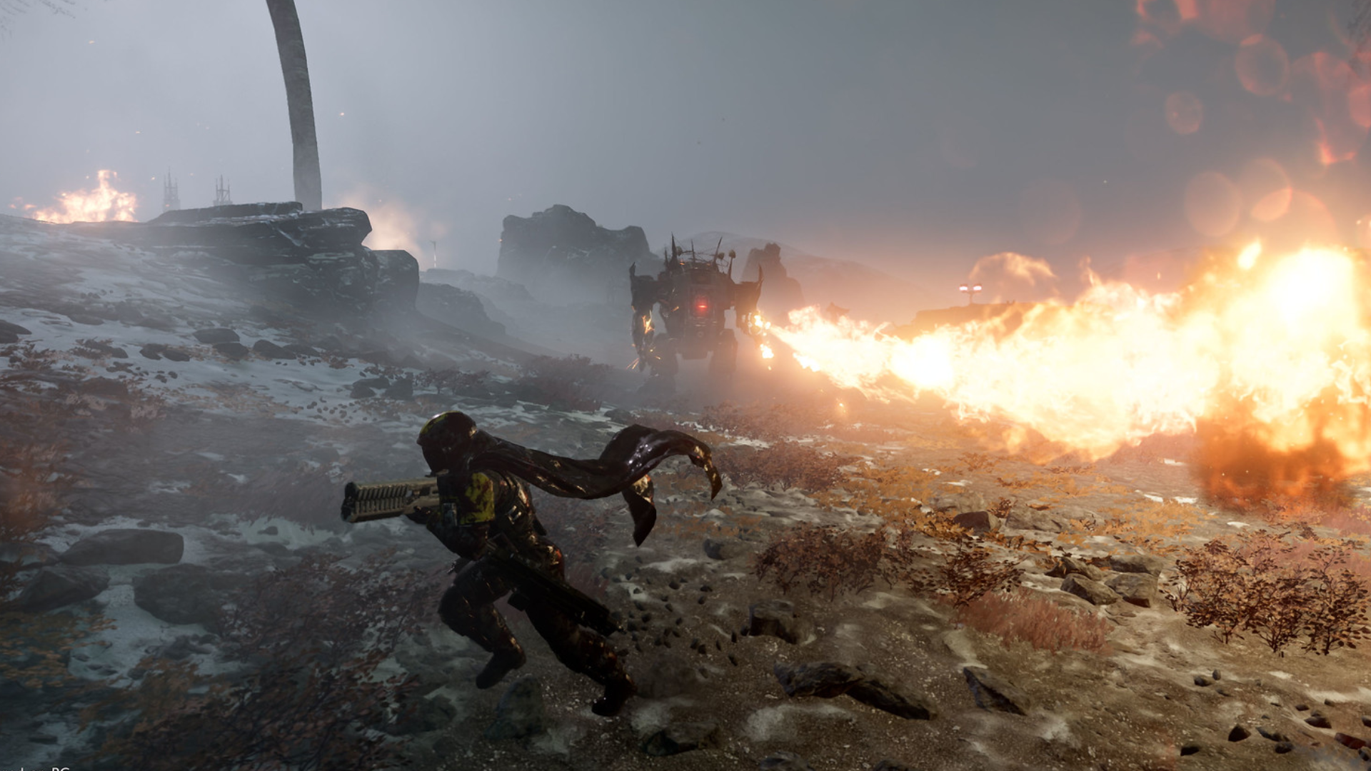 A Helldiver flees the arc of fire propelled forth from an approaching Hulk on the world of Aesir Pass