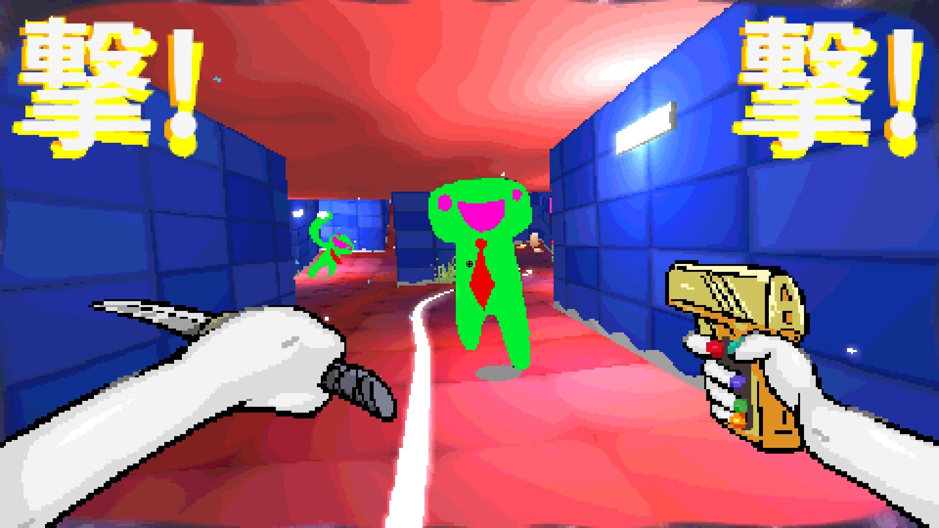 A screenshot of Tamashika, showing the protagonist gun down a green bad guy with a big smile and no arms with a golden pistol.