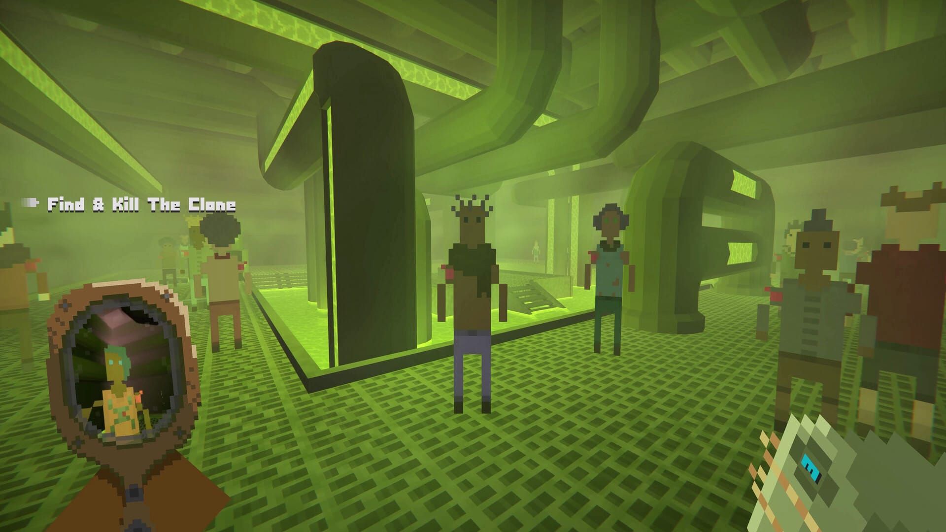 A player in It Has My Face checks their reflection in the mirror before preparing to find and kill their clone.