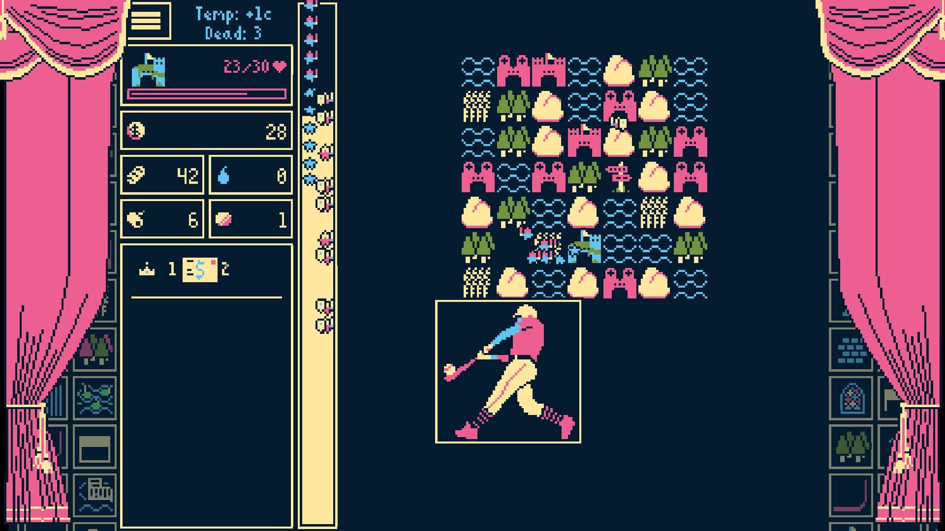 A screenshot from Titanium Court, which shows a tactical grid with terrain in action. There's also an input of a baseball player making a big swing.