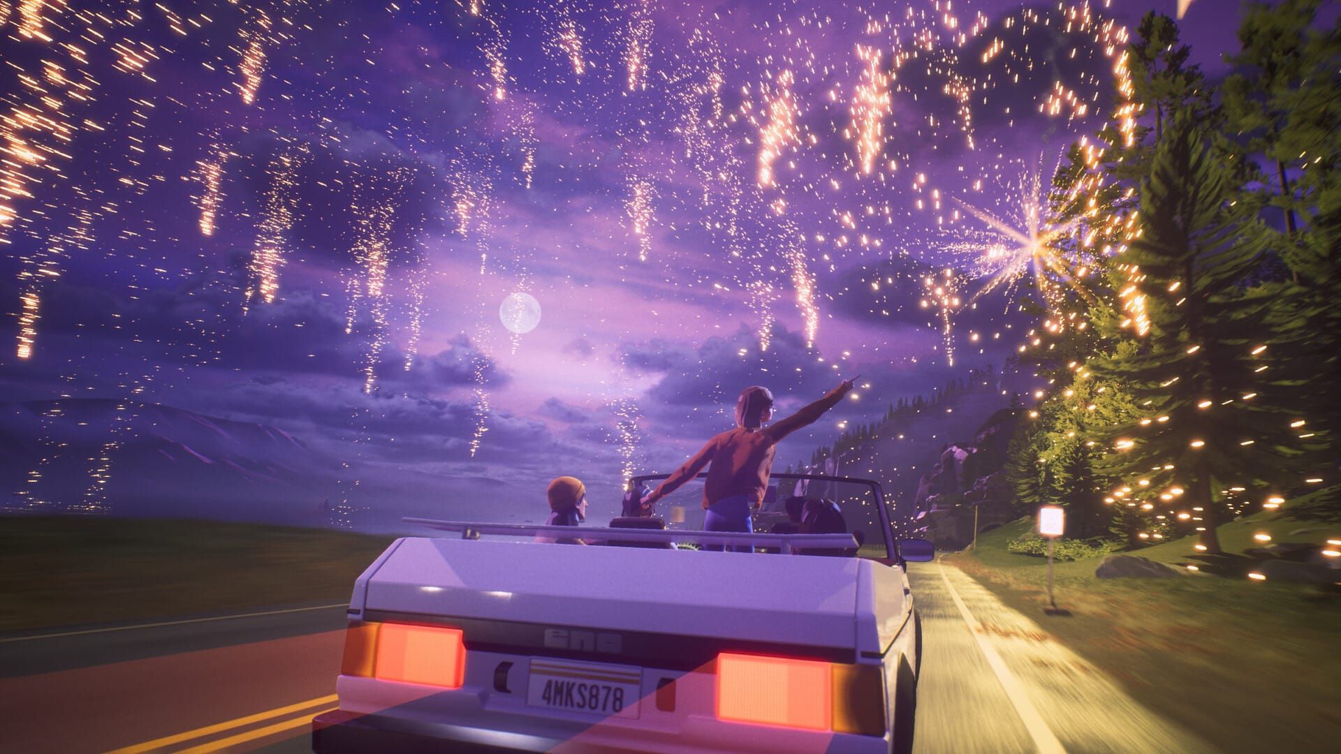 A screenshot of a car driving through fireworks