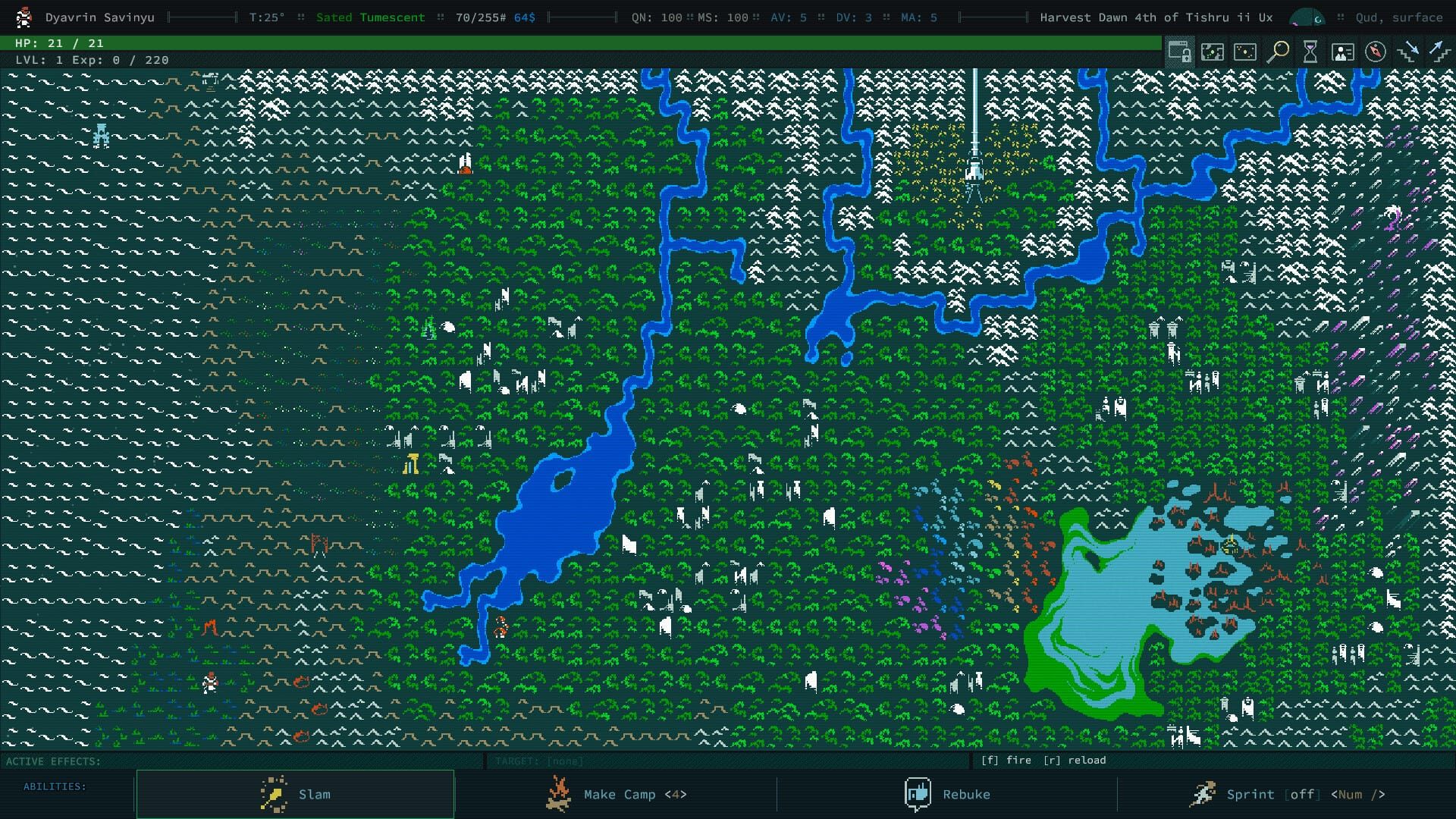 A world map of Caves of Qud, showing a vast region of swamps, rivers, settlements, canyons, and mountains.