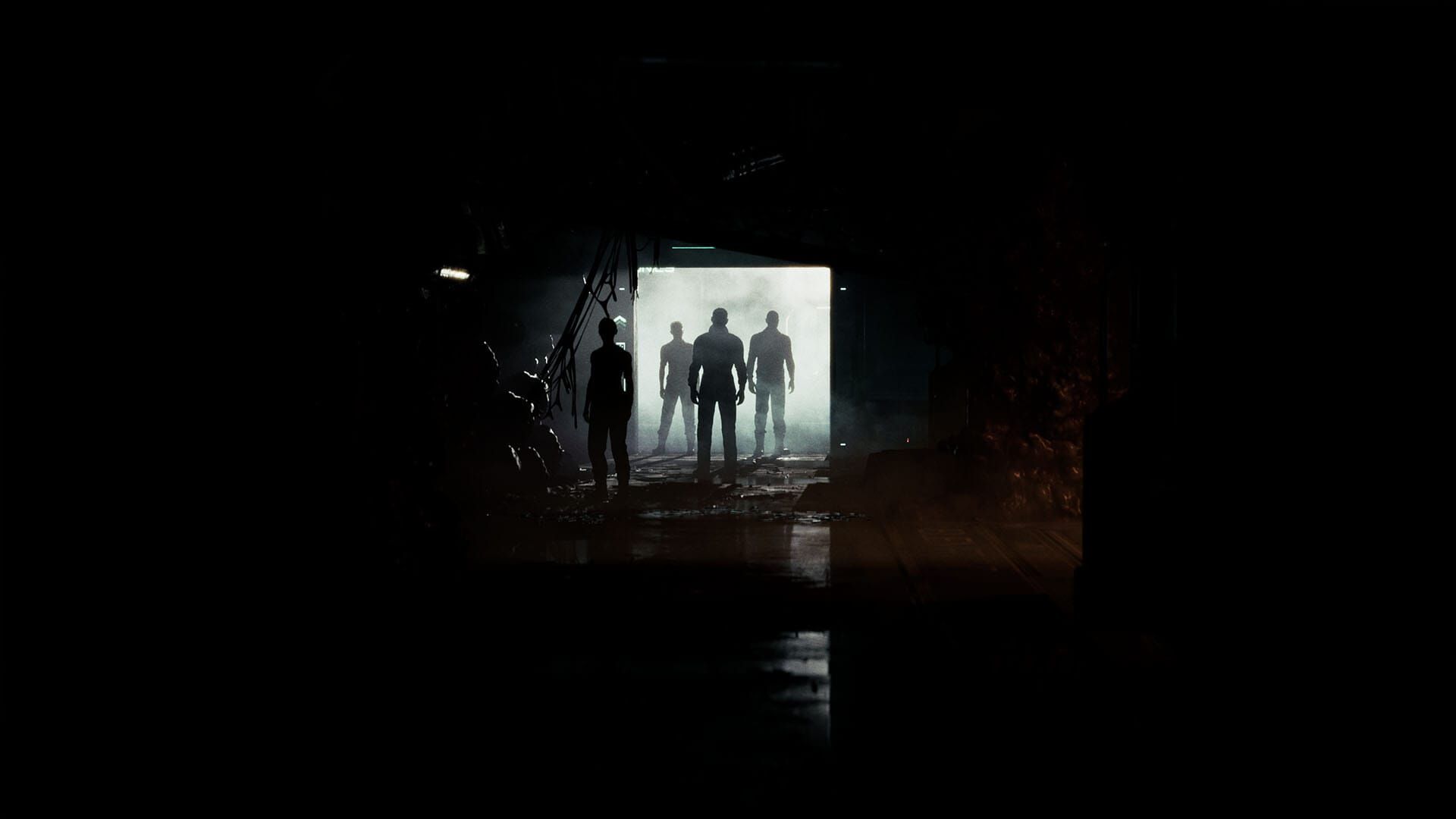 The crew of the Cassiopeia stand in a lit doorway, gazing at the dark corridor of the ship in a screenshot from Directive 8020