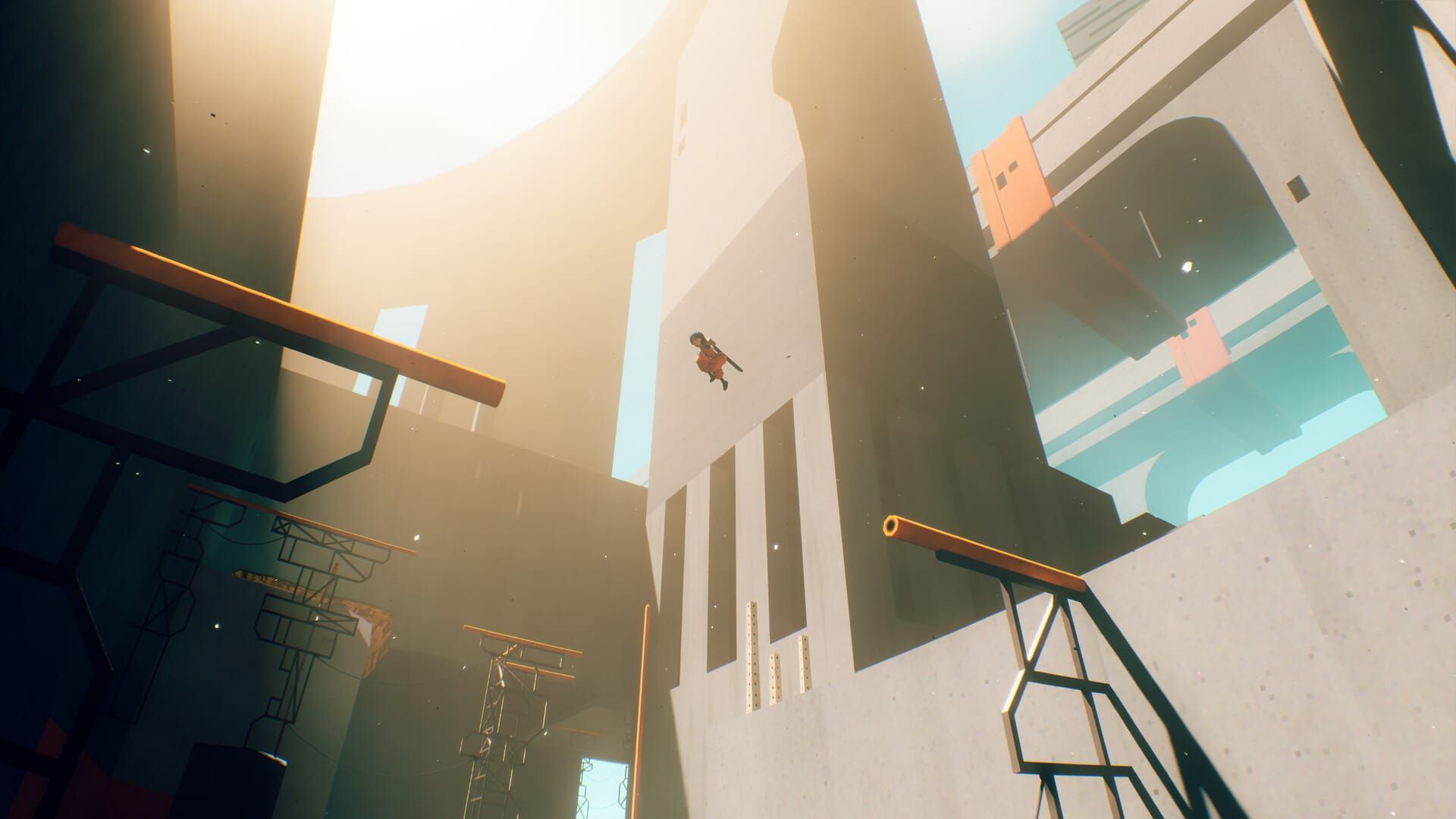 P, a young woman in an orange jumpsuit with cyan hair, launches herself between two narrow, tube-like platforms in a screenshot from Motorslice