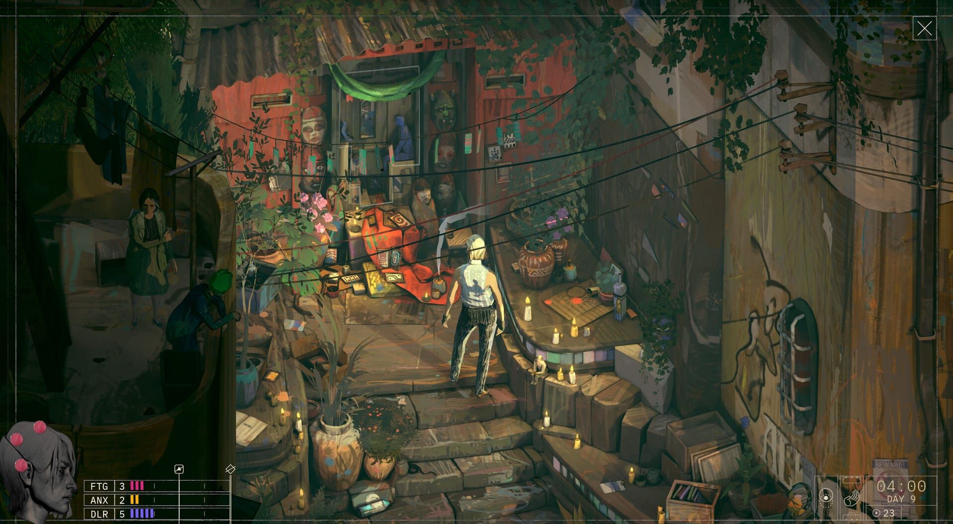Cascade, a middle aged blonde woman, examines a small shrine full of tribulations to the dead in the coastal city-state of Portofiro.