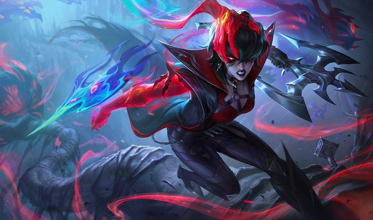 Splash art for Demoncursed Vayne, which shows a young woman with a crossbow being posessed by a demon, who grips her head with a malevolent red hand of evil energy.