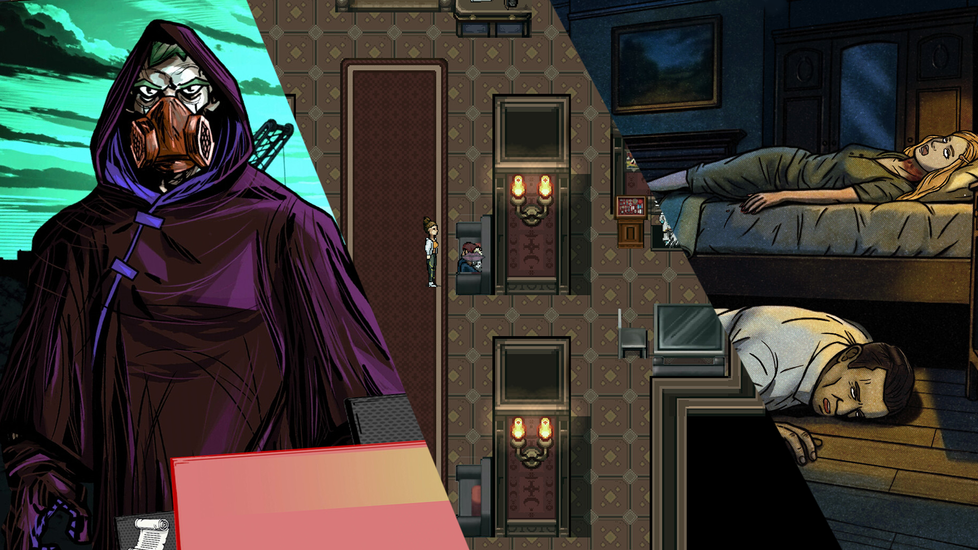Images from the three games in this round-up, from left to write: a mask-wearing corpse collector in Crow's Requiem, a top-down RPG in an eerie '80's hotel from Hotel Phantasma, and a dead 