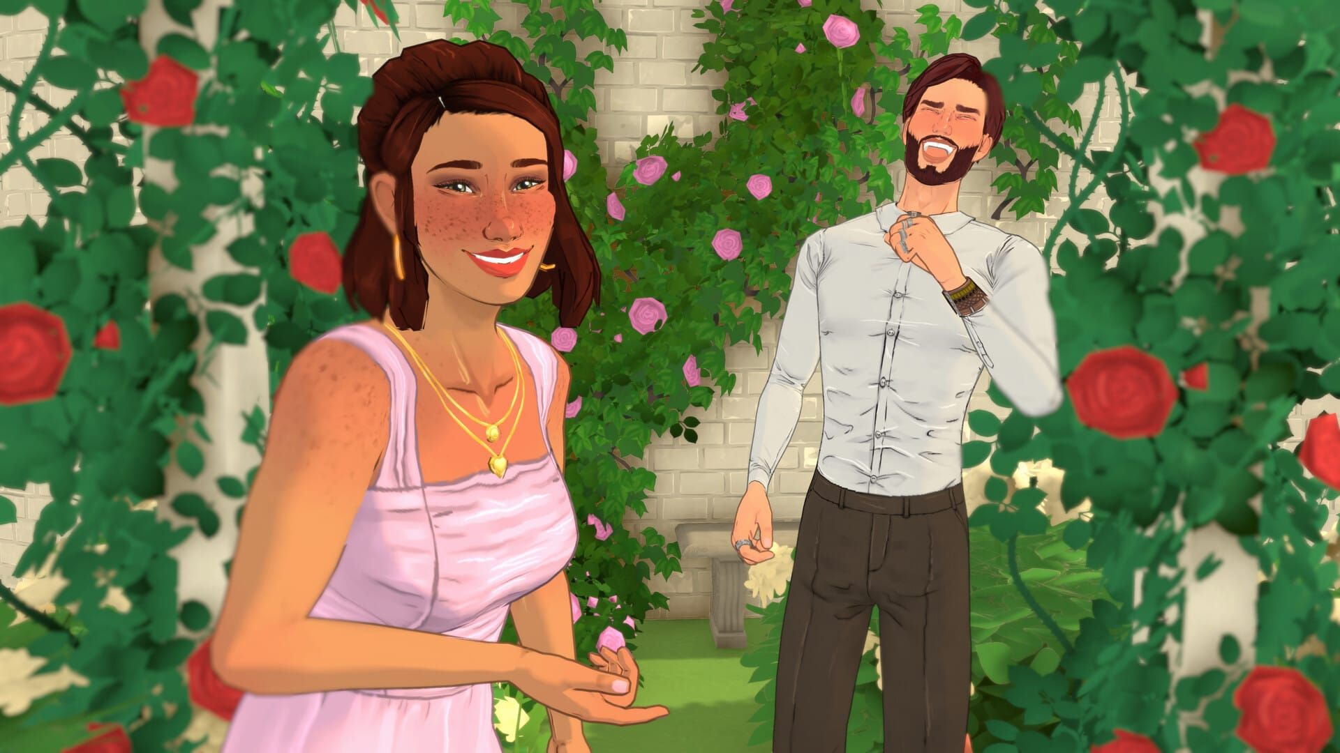 Two Parafolks stand in a rose garden, laughing, and having a wonderful time. One is a young woman in pink and gold accessories and the other man is bearded and wearing a white button up sh