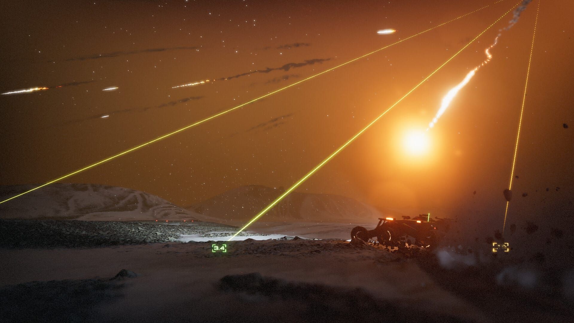 A screenshot of a buggy driving across a planet surface during a meteor storm