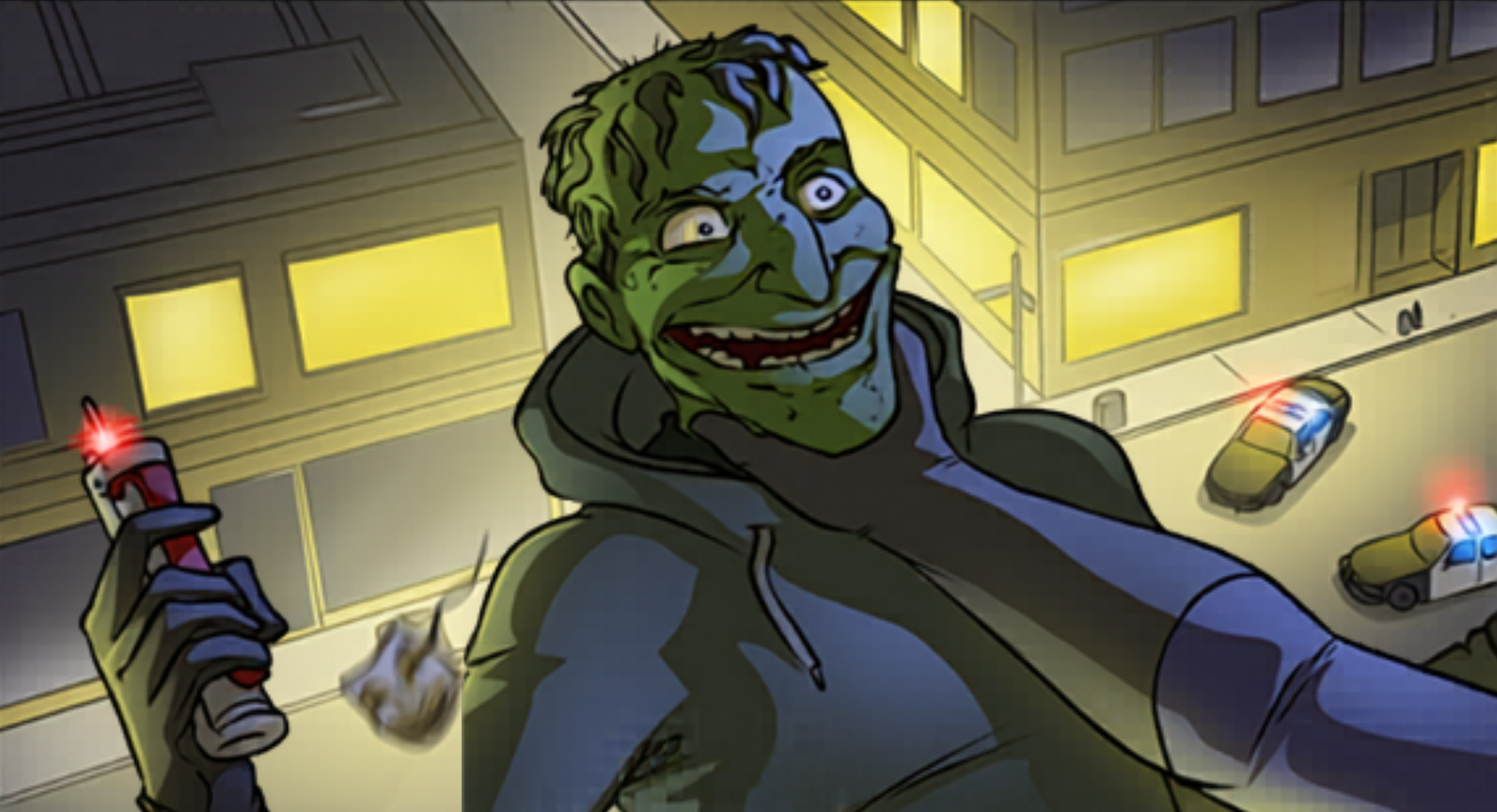 The Troll, a supervillain with a bulbous green face, holds an explosives detonator while being restrained on a rooftop. His mask, the Guy Fawkes-inspired Anonymous-esque disguise, is flutter
