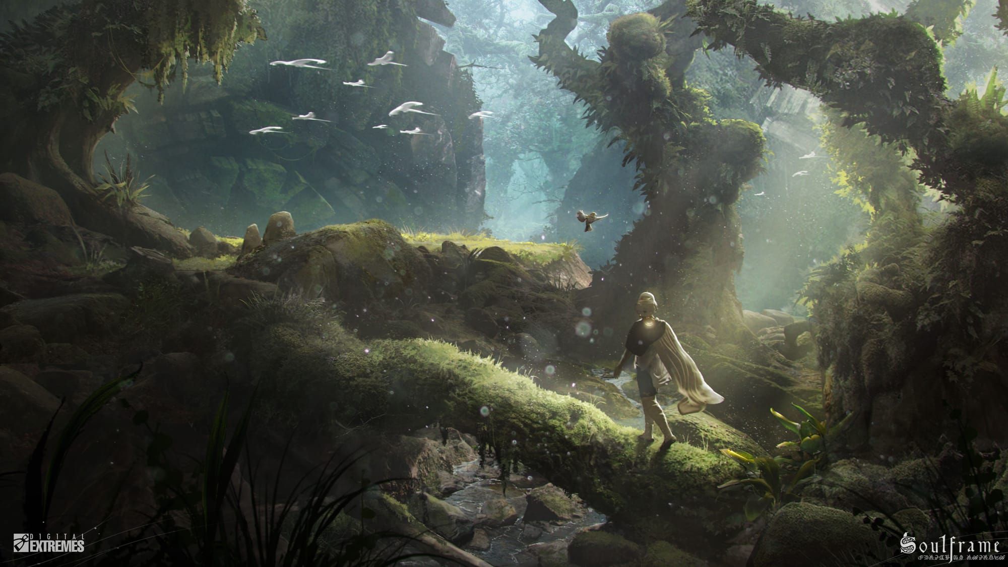 An Envoy walks along a mossy tree branch in the verdant forests of Midrath in art from Soulframe
