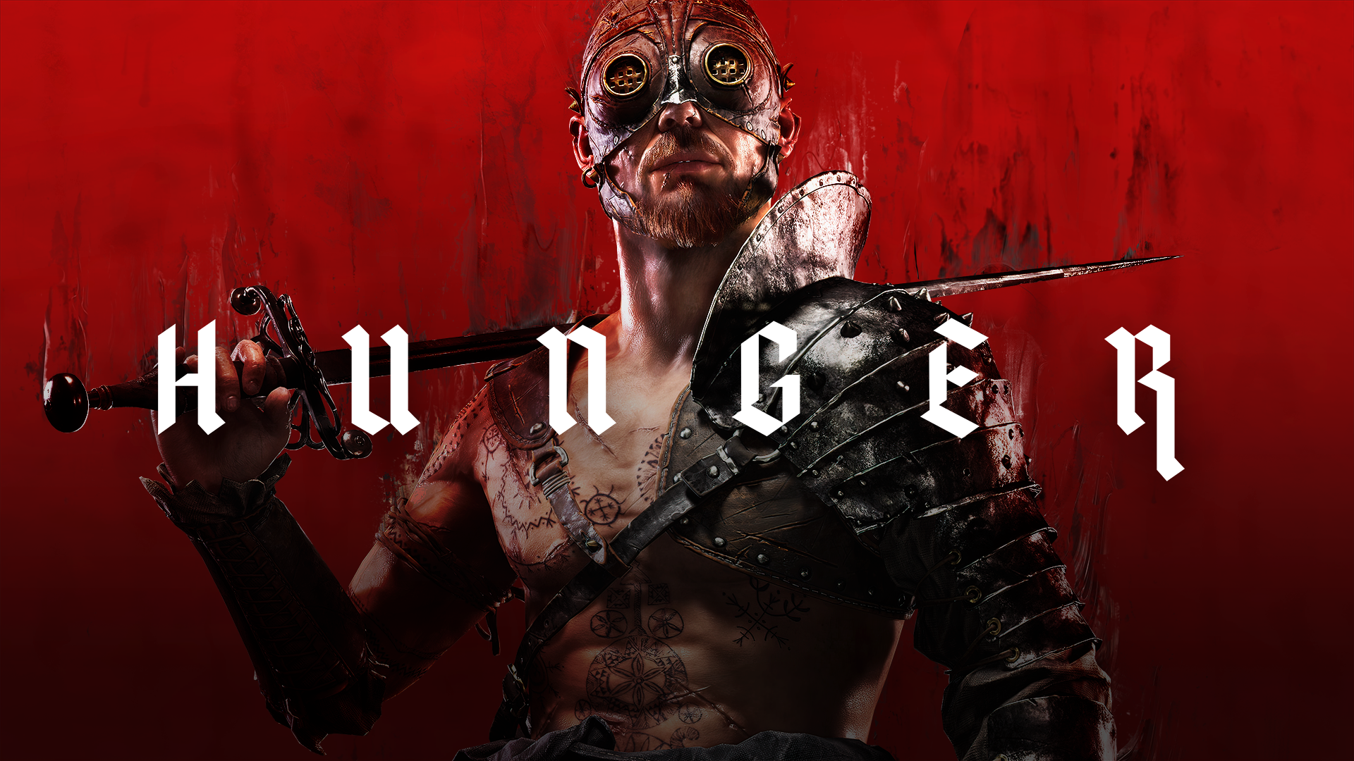 the title card for Hunger showing a character in a kind of steampunk outfit with a large shoulder pauldron and a rapier rested across their back