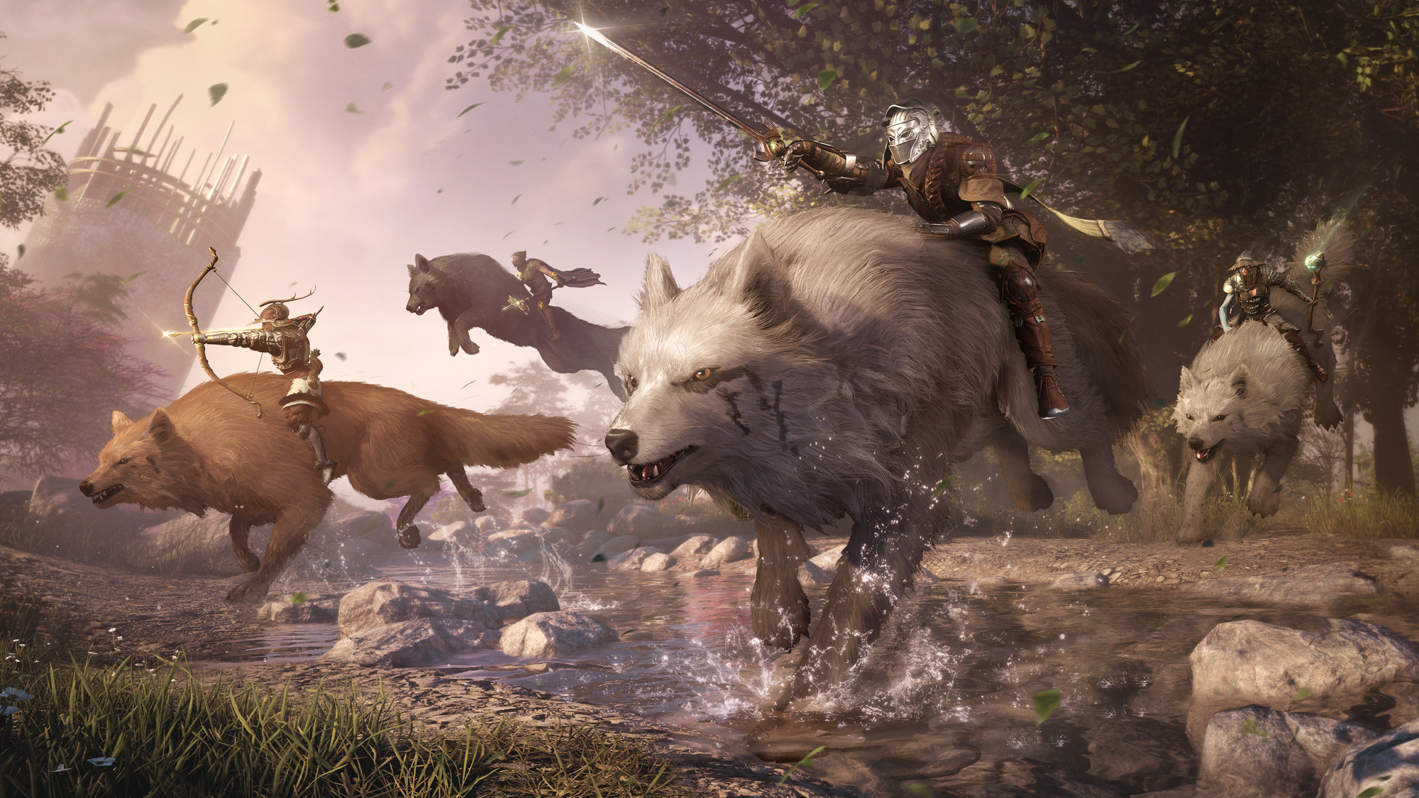A group of players charge into combat atop massive wolf mounts in a screenshot from Soulframe's upcoming Warsongs Fabl