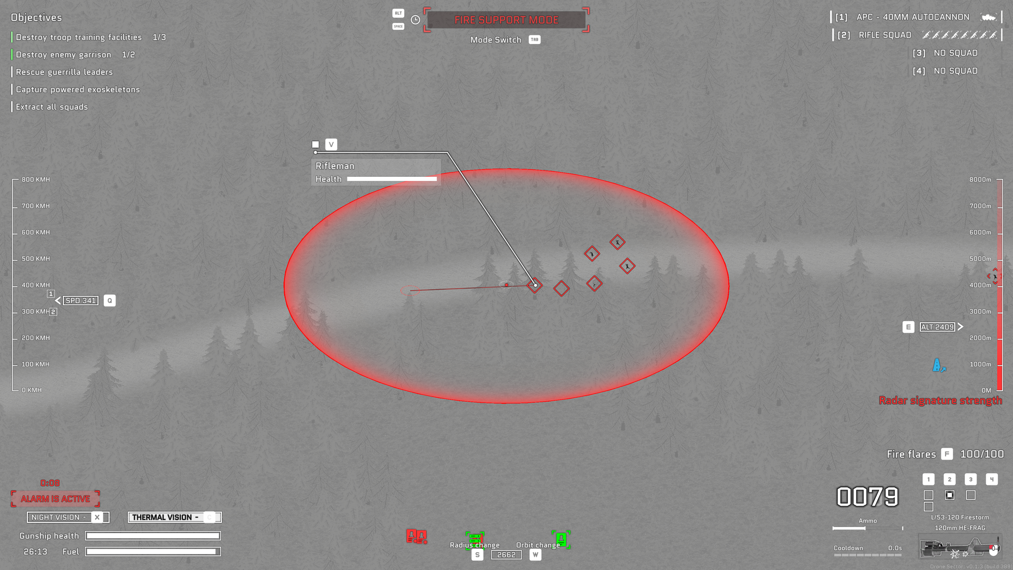 A screenshot showing a thermal view of soldiers on the ground being targeted by a drone