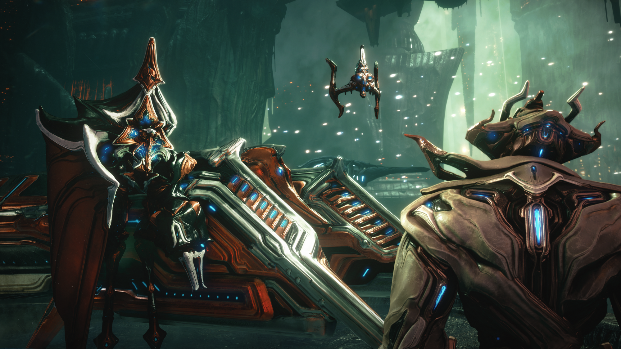 A screenshot from Warframe's upcoming Tau expansion. A pair of bio-mechanical characters meet, with a massive sci-fi city in the distance.