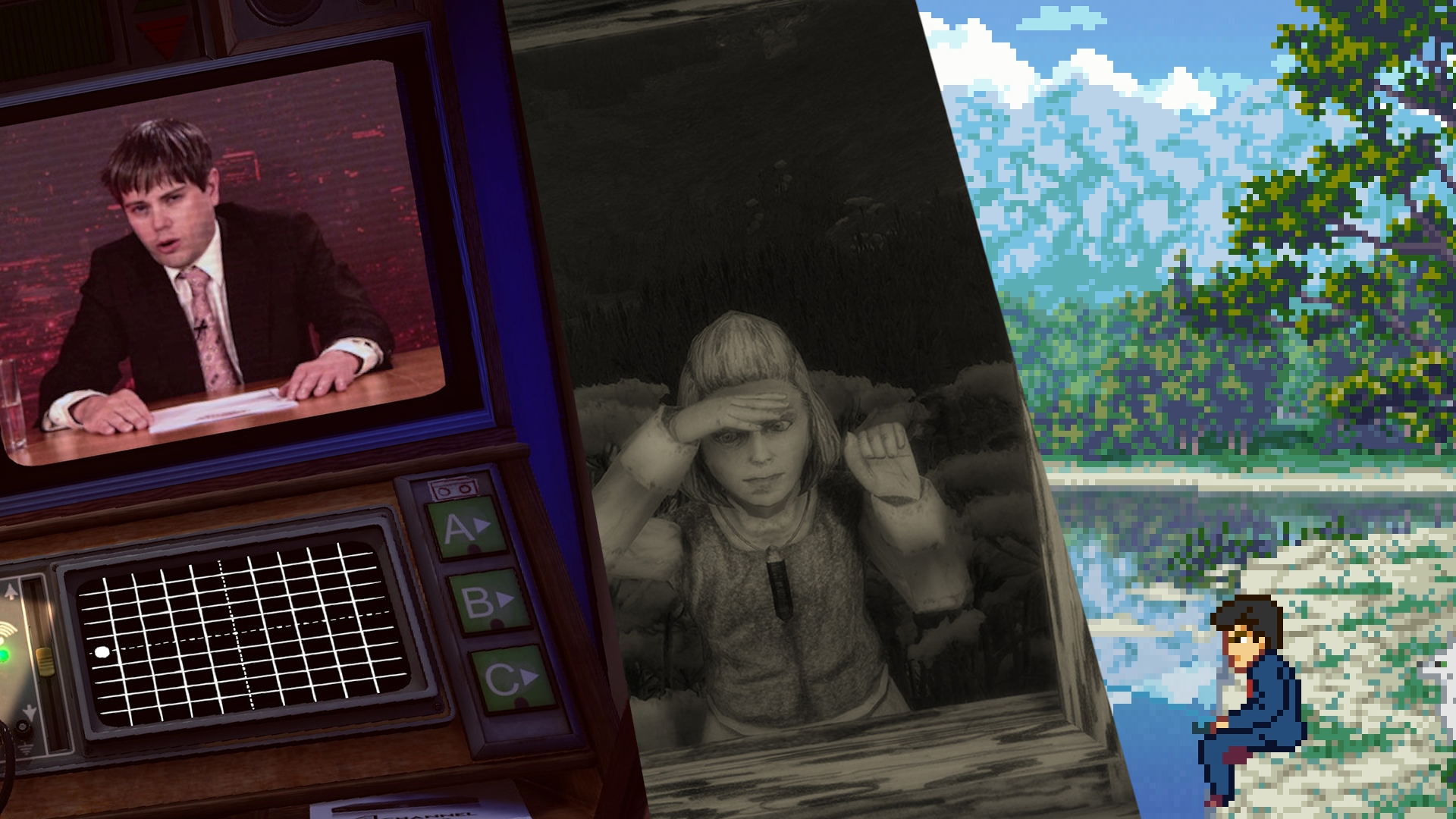 Screenshots from Mundaun, Not For Broadcast, and Fading Afternoon