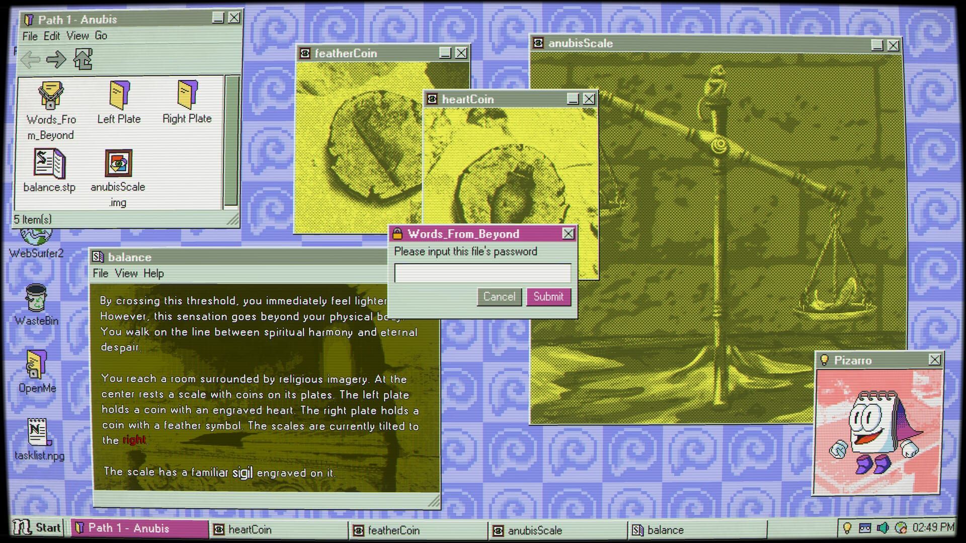A screenshot from Desktop Explorer, showing a fake OS with images open that show a scale, two coins, a text adventure, and a little helpful Clippy-like companion in the corner.