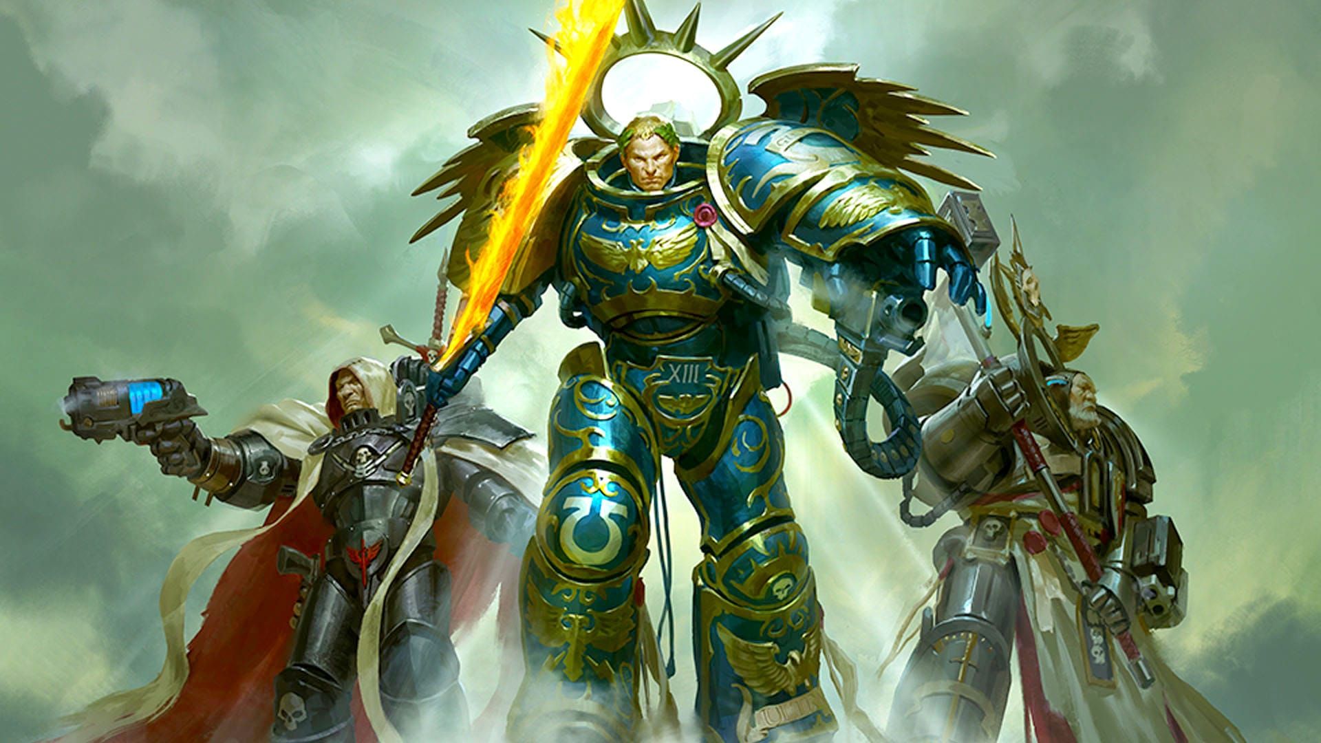 Guilliman charges forward into battle. He is a blond man with laurels in his hair, a massive suit of ornate blue and gold power armor, and a flaming sword. He's also much bigger than the S