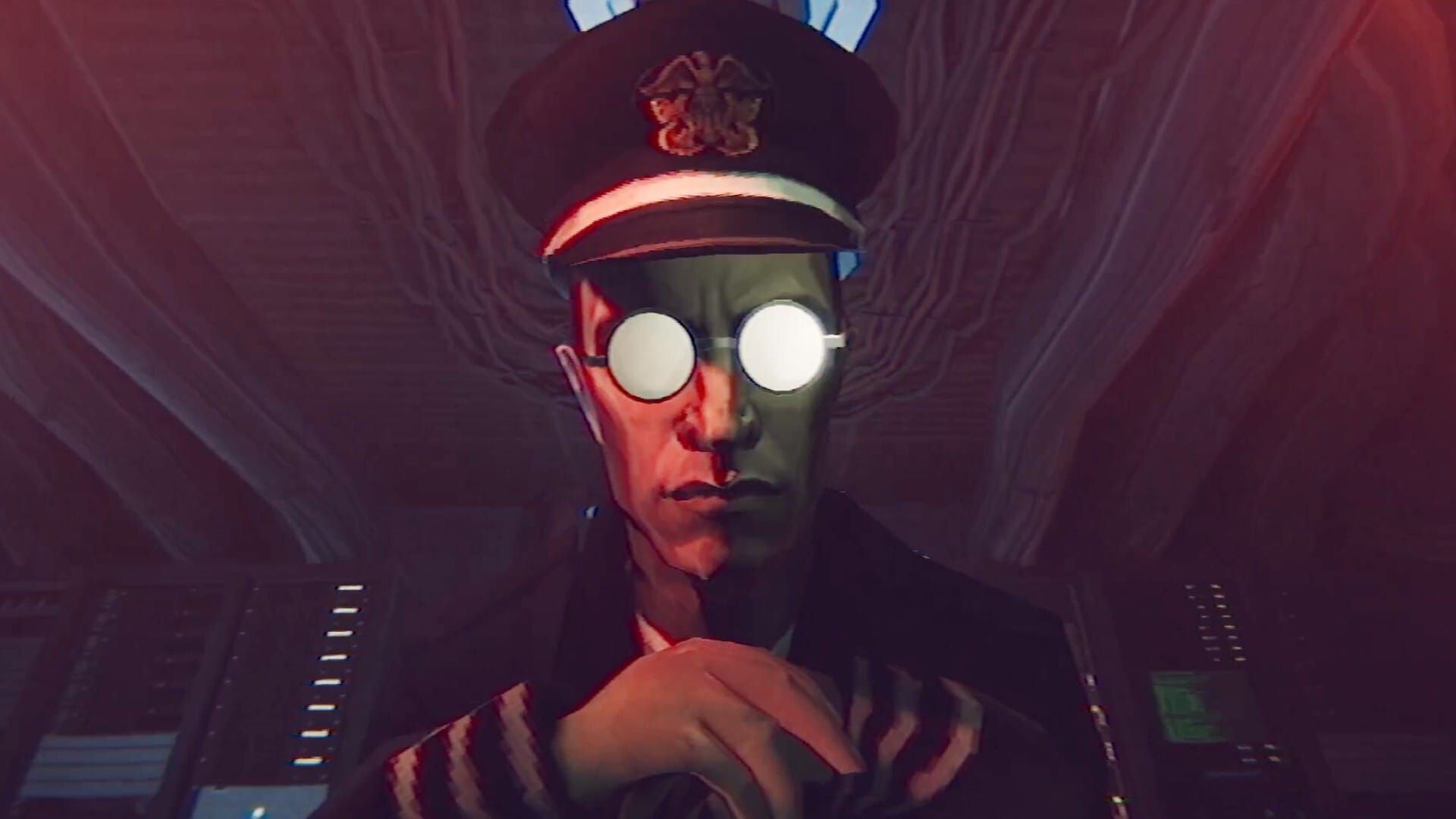 The Captain, a man with a submarine captain's cap and round, reflective glasses, looks at the player in a submarine in a screenshot from Static Dread: The Submarine