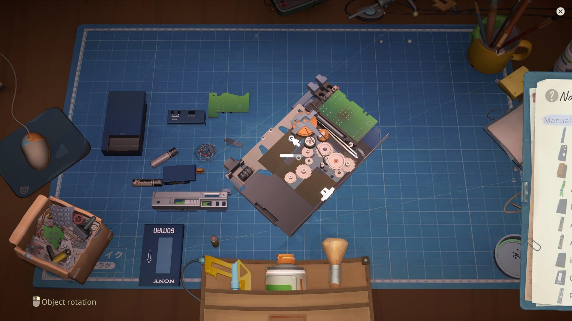 A player works on a motherboard and variety of small electronic parts in ReStory: Chill Electronics Repair