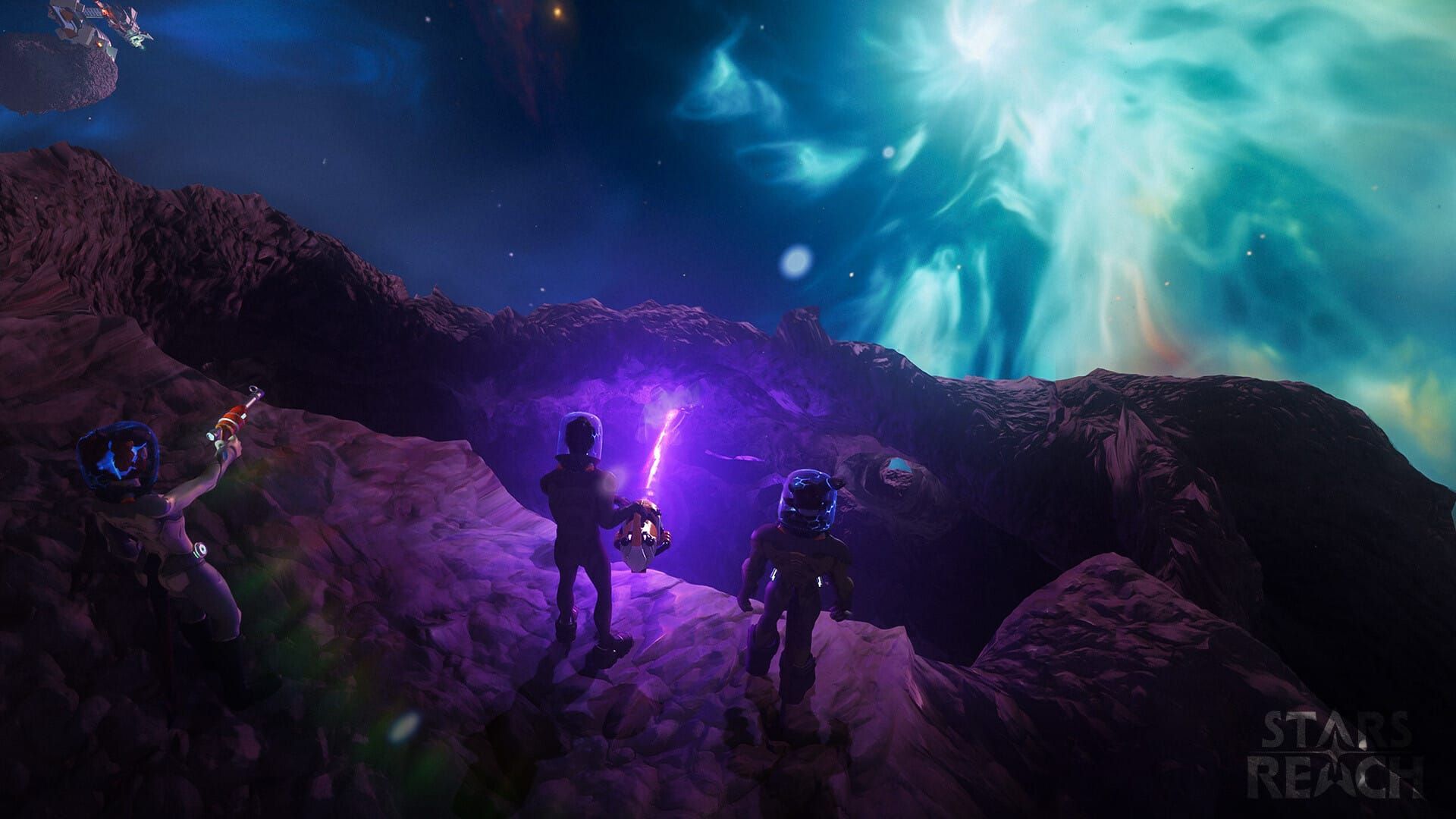 A group of players mine resources from an asteroid in a screenshot from Stars Reach