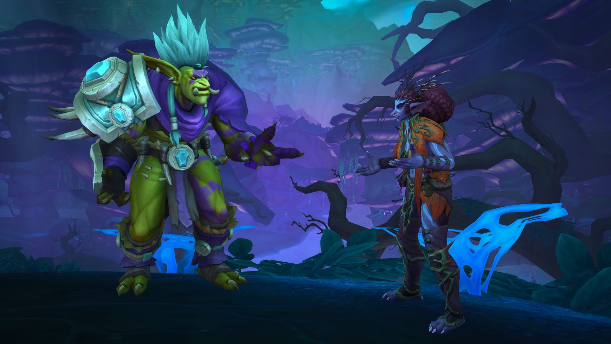 Zul'jan, a green troll with cyan hair and a large jade pauldron, talks with Orwenya the Haranir among the roots of the World Tree in a screenshot from World of Warcraft: Midnight
