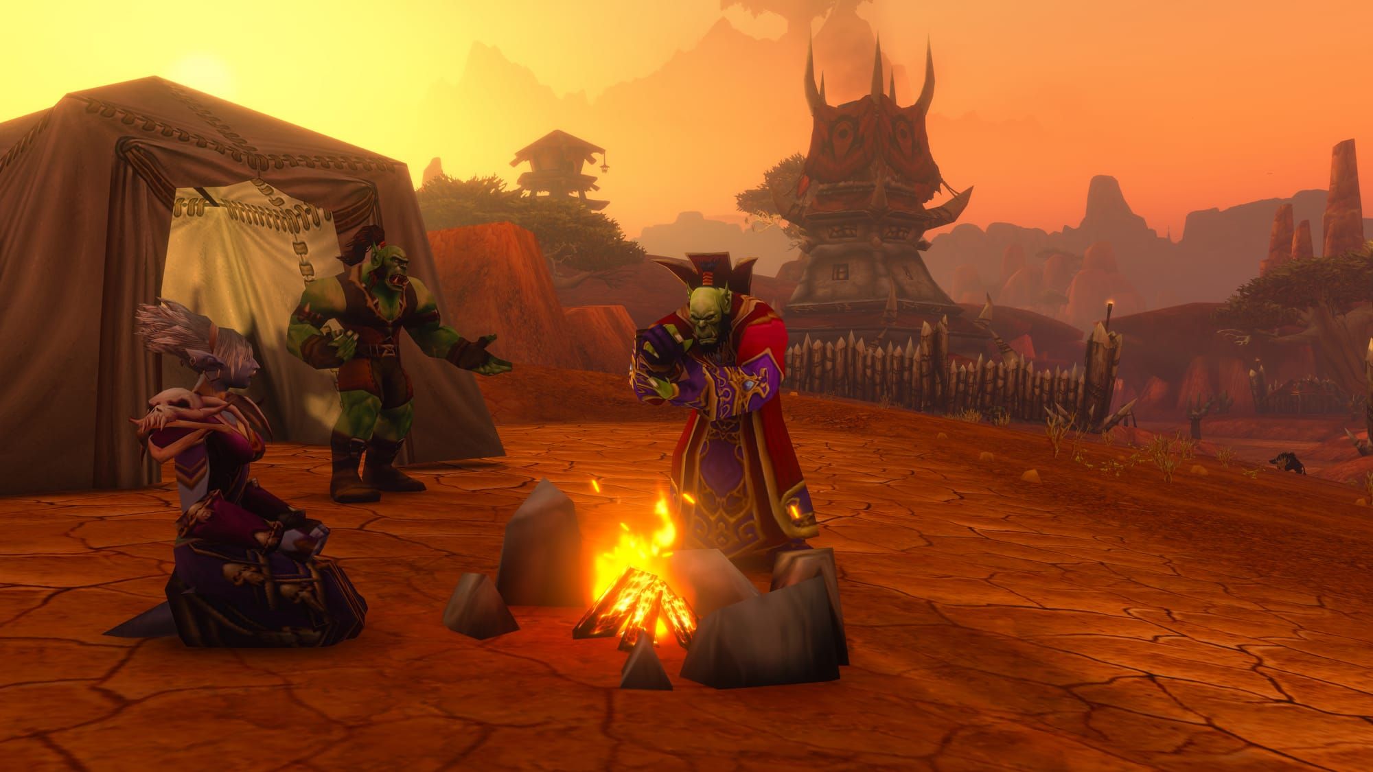 A party of Horde characters make camp and rest in the Barrens in a screenshot from World of Warcraft Forever