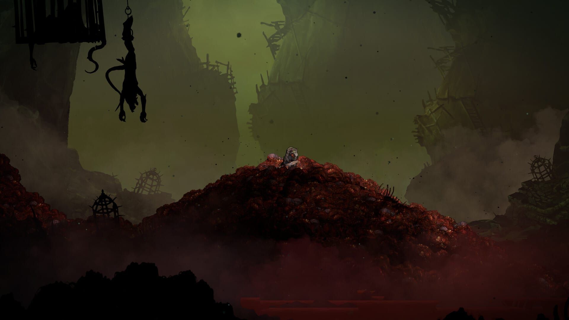 The main character of Deathmaster, a rat-man known as a Skaven, crouches on a pile of fresh corpses.