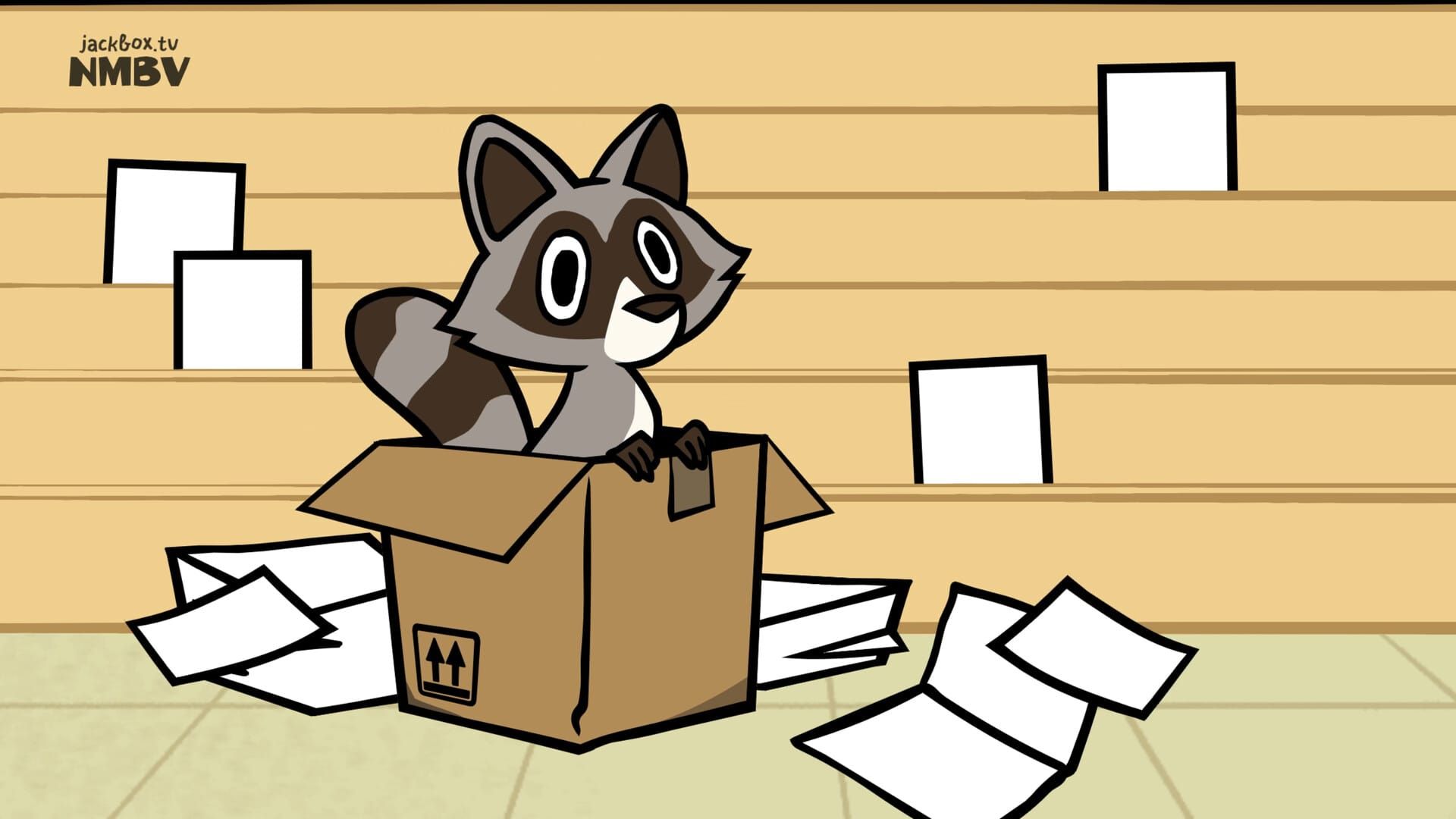 A cute raccoon, the mascot of We Need a Card, sits in a cardboard box surrounded by discarded greeting cards.