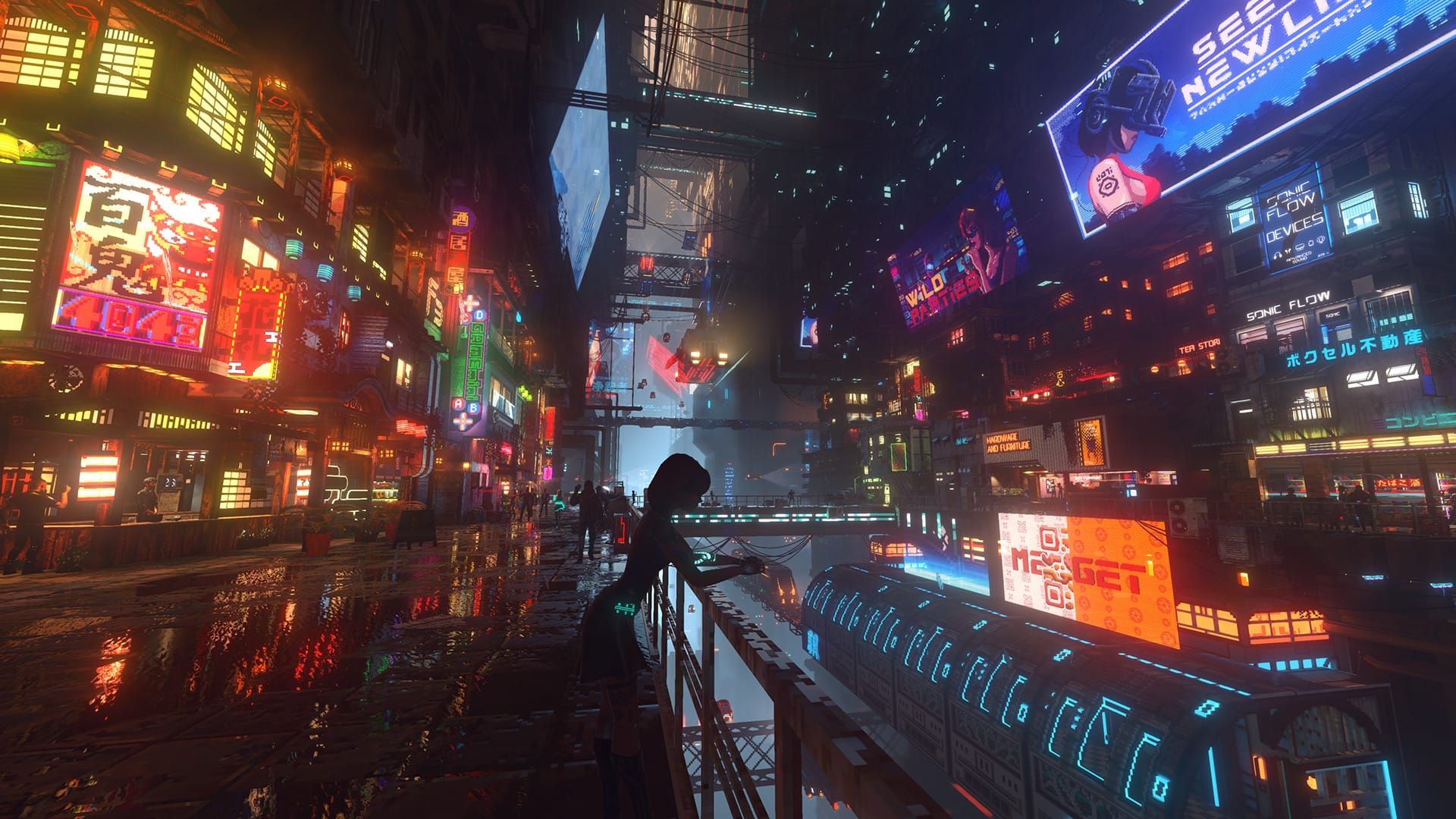 A citizen sits in the Meridian Market, a brightly neon commercial district in the game Nivalis Nights
