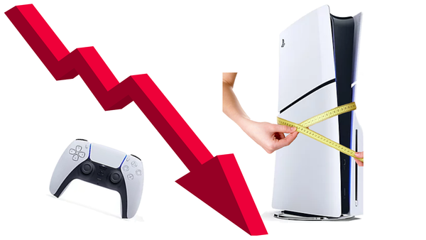 A poorly photoshopped image of a PS5 measuring its waist and a red arrow going down