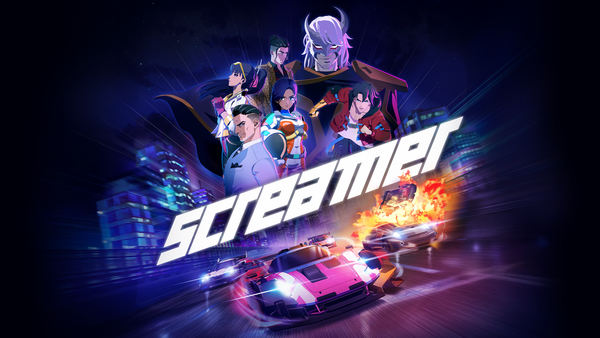 Key art for Screamer featuring the cast placed above the game's logo with a race happening underneath