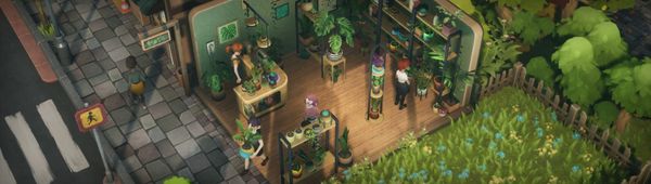 A screenshot for Leafy Corner, featuring a cutaway of a small plants shop and a garden