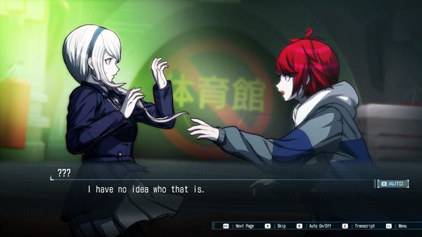 Two characters talk against a background