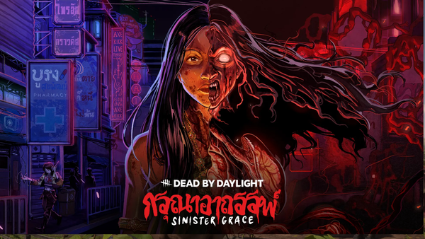 Key art for the Sinister Grace chapter of Dead by Daylight, which shows the Krasue. The art is split vertically to show her two forms. The left side shows a mundane Thai city, depicted in bl