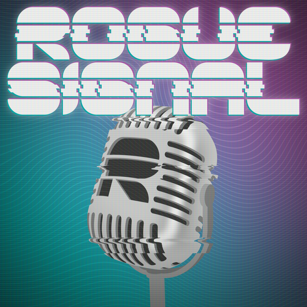 A microphone with the Rogue.site logo on it with "Rogue Signal" plastered against a technicolor background