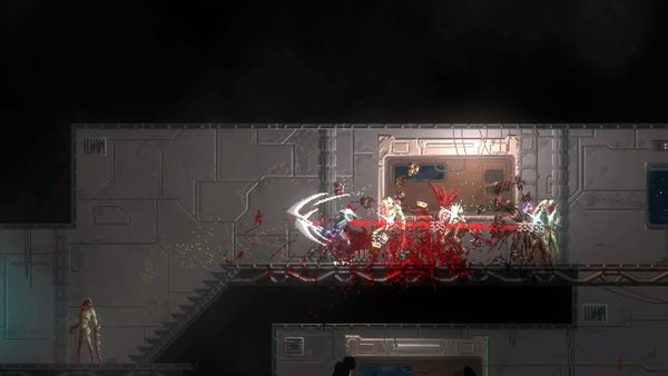 Naut battles a few mutated citizens of an abandoned space station in the Metroidvania game Katanaut.