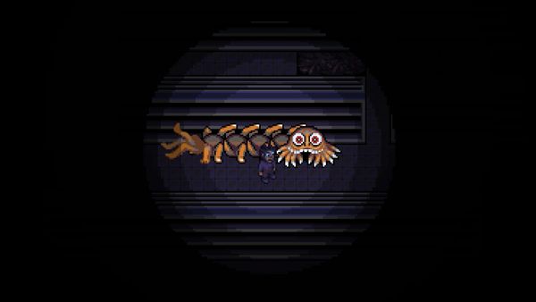 The protagonist of Look Outside, a tired looking man, stands in the hallway of his apartment building next to an enormous orange beast comprised of hands and limbs.