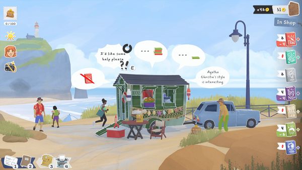 A screenshot for Tiny Bookshop detailing gameplay on the beach