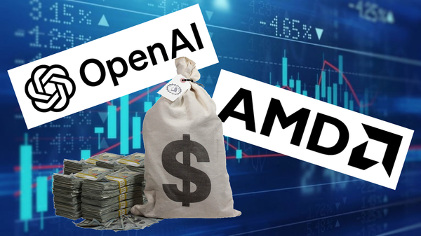 A photoshop of the OpenAI and AMD logos along with a bag of money