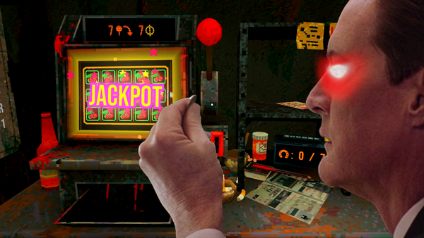 An evil Mr. Jackpots from Twin Peaks: The Return puts a coin in a slot machine from CloverPit