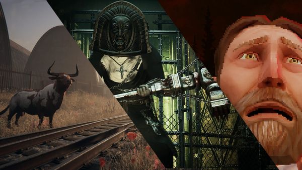 A steer from Pathologic 3, a masked nun with a warhammer from Tormented Souls 2, and the anguished low poly face of a bearded man from Father, in a piece together for the Steam Next Fest.