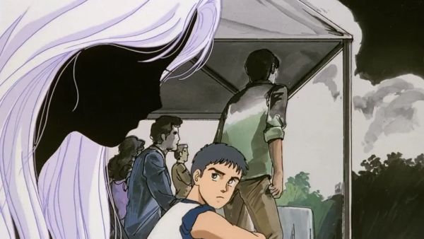An image from the Patlabor anime, with a ghostly silhouette of a lady on the left and a group of people under a tent on a nice summer day.