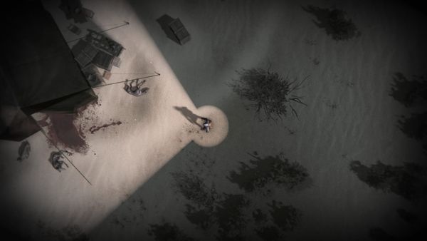 A survivor combs an abandoned beach in a screenshot from Darkwood 2, coming across the corpses of starved beasts and worn down tents.