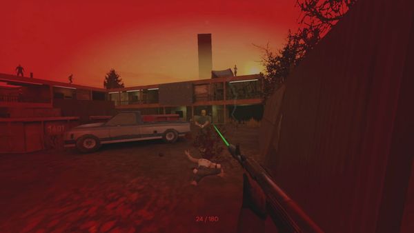 A firefight between the protagonist in Pigface, who is using a machine gun with a laser sight, and a masked antagonist. In the distance, the sun is setting, turning the sky a vivid red. 