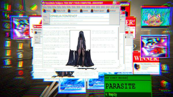 A 2000s-era desktop that is glitching and falling apart, with distorted windows opening and distorting. In the center is a woman with long hair obscuring her face, ominous and foreboding. 