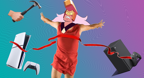 A badly photoshopped image of Jasper from Steven Universe winning a race