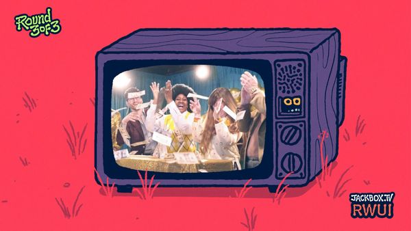 A screenshot from the Jackbox Party Pack 11, showing a stylized cartoon TV in a red field. The TV is showing a group of friends clapping and cheering.